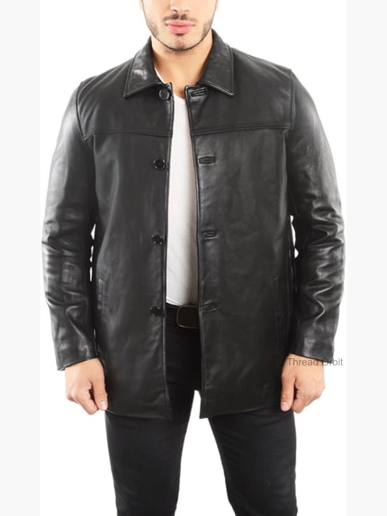 Genuine Lambskin Leather Four Button Car Coat Overcoat